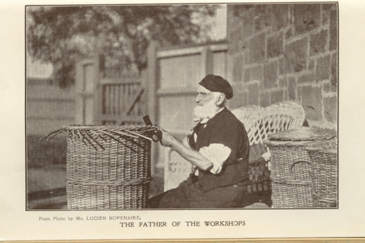 Older man sitting outside trimming the ends from a cane basket