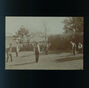 Six late teenage boys playing cricket next to the fence at RVIB