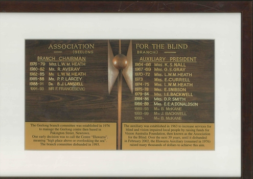 Gold lettering on brown board with old Guiding Light symbol