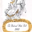 Black line drawing on white background of lady in dress on a horse surrounded by flowers