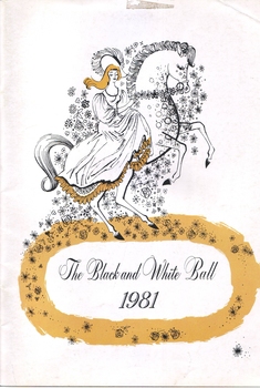 Black line drawing on white background of lady in dress on a horse surrounded by flowers