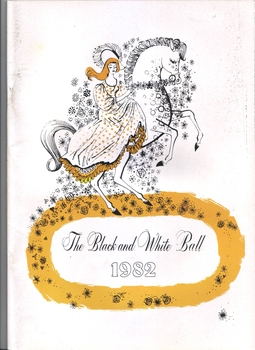 Black line drawing on white background of lady in dress on a horse surrounded by flowers