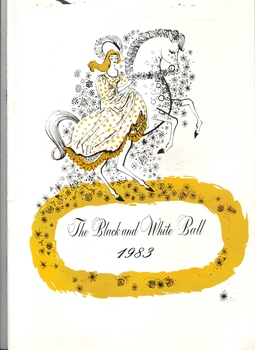 Black line drawing on white background of lady in dress on a horse surrounded by flowers