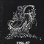 White drawing on black background of lady in dress on horse surrounded by flowers