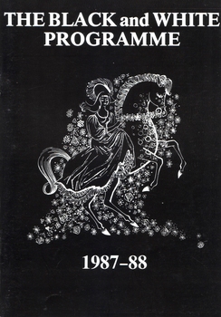 White drawing on black background of lady in dress on horse surrounded by flowers