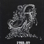 White drawing on black background of lady in dress on horse surrounded by flowers