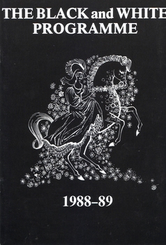 White drawing on black background of lady in dress on horse surrounded by flowers