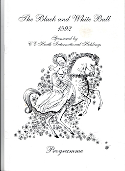 Black line drawing on white background of lady in dress on horse surrounded by flowers