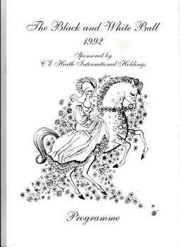 Black line drawing on white background of lady in dress on horse surrounded by flowers