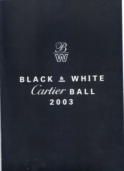Black background with white writing 'Black & White Cartier Ball 2003'