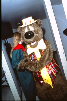 Humphrey B Bear leaving backstage