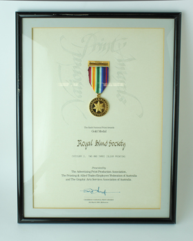 Gold coloured metal coin shaped award hanging from a multicoloured ribbon and pin