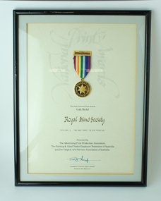 Gold coloured metal coin shaped award hanging from a multicoloured ribbon and pin