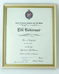Text, RVIB Life Governor certificates, 1969-1992