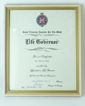 White paper with crest and black writing - Phyllis Crook