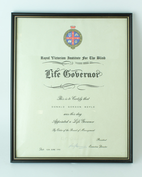 White paper with crest and black writing - Donald Gordon Boyle