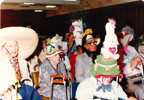 Nursing Home residents wearing Easter bonnets