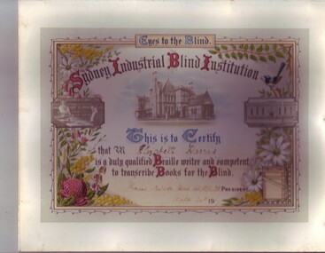Coloured certificate with William Street building, flowers and images