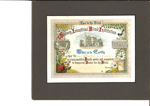 Coloured certificate with William Street building, flowers and images