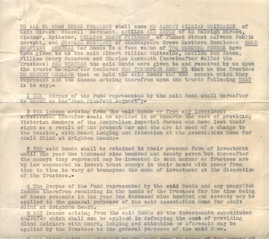 Typed page of legal agreement to establish Jean Bickford Bequest