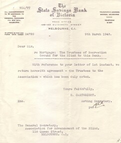 Text, Letter from State Savings Bank of Victoria to Association for the Blind, 1943, March 9, 1943