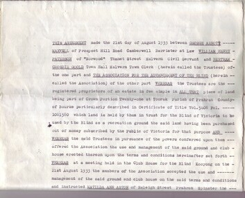 Typed legal agreement for Kooyong Clubhouse and grounds