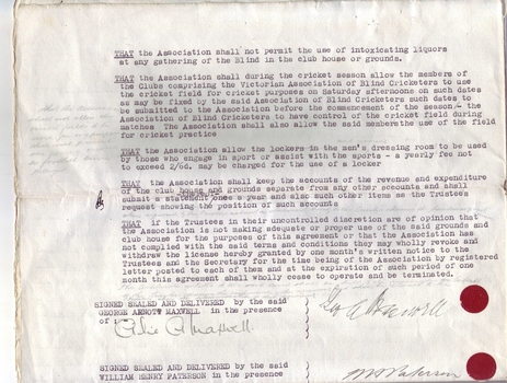 Typed legal agreement for Kooyong Clubhouse and grounds
