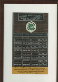 Framed list of winners of the Illawarra Bowling Association Annual Champion