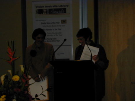 Agnes Nieuwenhuizen presenting YA Book of the Year award to Irini Savvides, auhor of Willow Tree and Olive