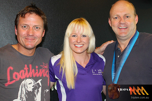 Jess Gallagher with radio hosts James Brayshaw and Billy Brownless
