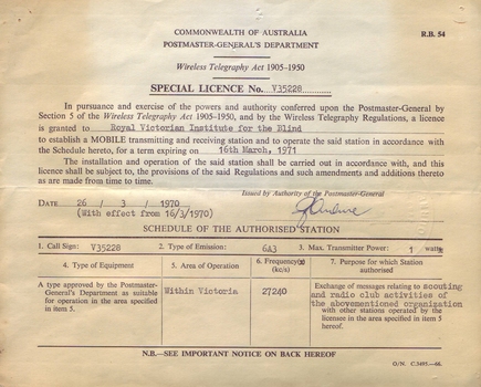 Official Radio Licence V35228 from Postmaster General