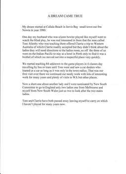 Typewritten note of Grace's memories of beginning to teach bowls