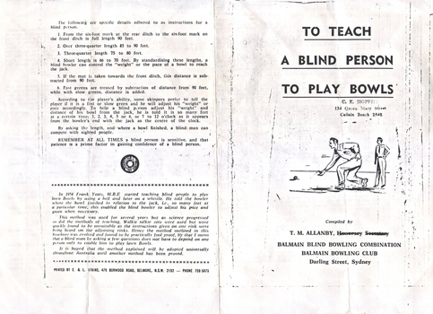 Pamphlet by Tom Allenby on how to teach bowls to blind players