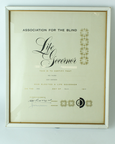 Text, Life Governor of the Association of Blind, 1969