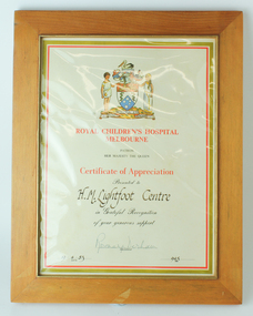 Text, Royal Children's Hospital certificate of appreciation, 1983