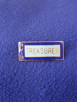 Blue enamel pin with gold writing
