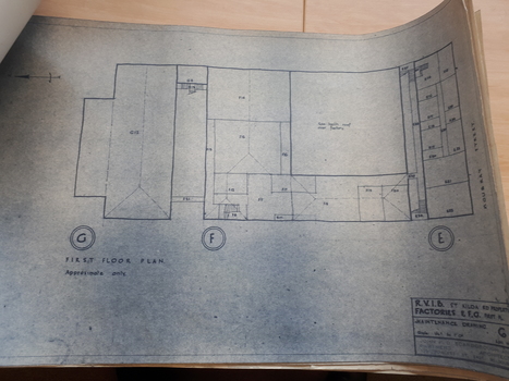 First floor plan of walls and roof ridgelines of factory