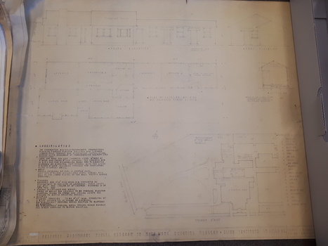 Drawing of side view and layout of Myer House, as well as location on site.