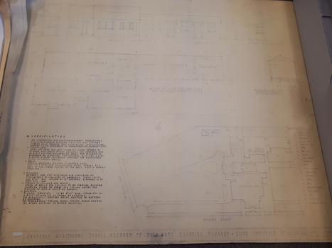 Drawing of side view and layout of Myer House, as well as location on site.