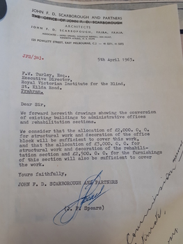 Letter to F Turley from architects on conversion of building to administrative areas