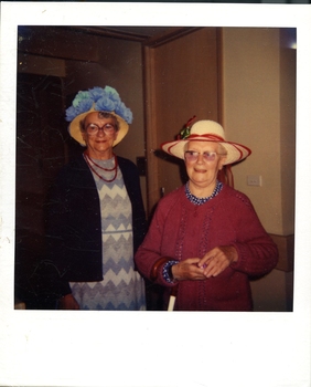 Mrs Muir (blue flowers) and Miss Stoke (red trimmed sun hat)