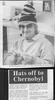 Newspaper article about Kelaston residents knitting hats for Chernobyl victims