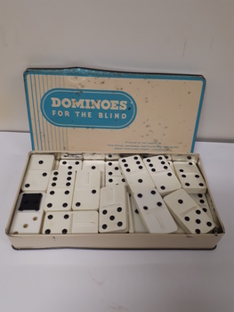 28 plastic dominoes in blue and white metal hinged box