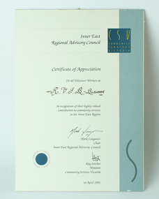 Text, Community Services Victoria Certificate of Appreciation to RVIB Burwood, 10 April 1992