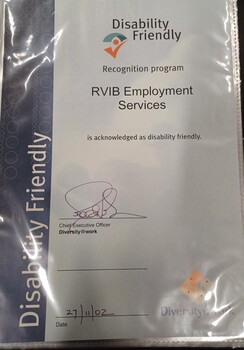 Certificate to the RVIB Employment services recognising the service is disability friendly