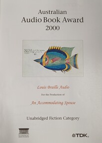 White paper with illustration of fish and writing in red and black