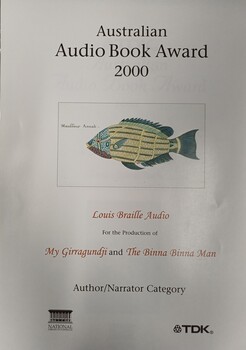 White paper with black and red writing and illustration of fish