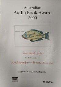White paper with black and red writing and illustration of fish