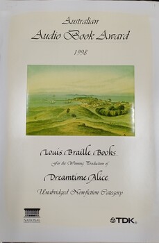 Coloured drawing of a town with ships in cover and black writing