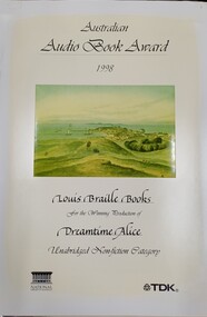 Coloured drawing of a town with ships in cover and black writing